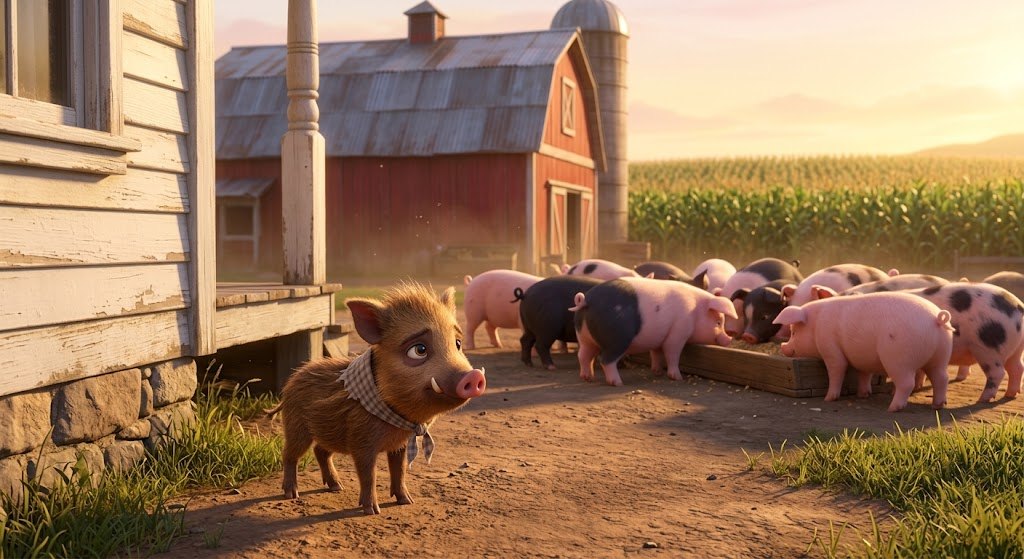 Little Bobi hanging back while the other piglets eat