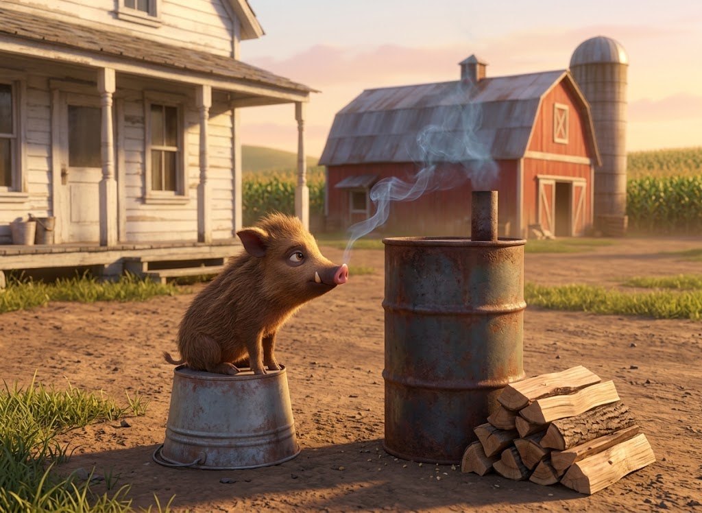 Young Bobi on a bucket watching the smoke from the old barrel smoker