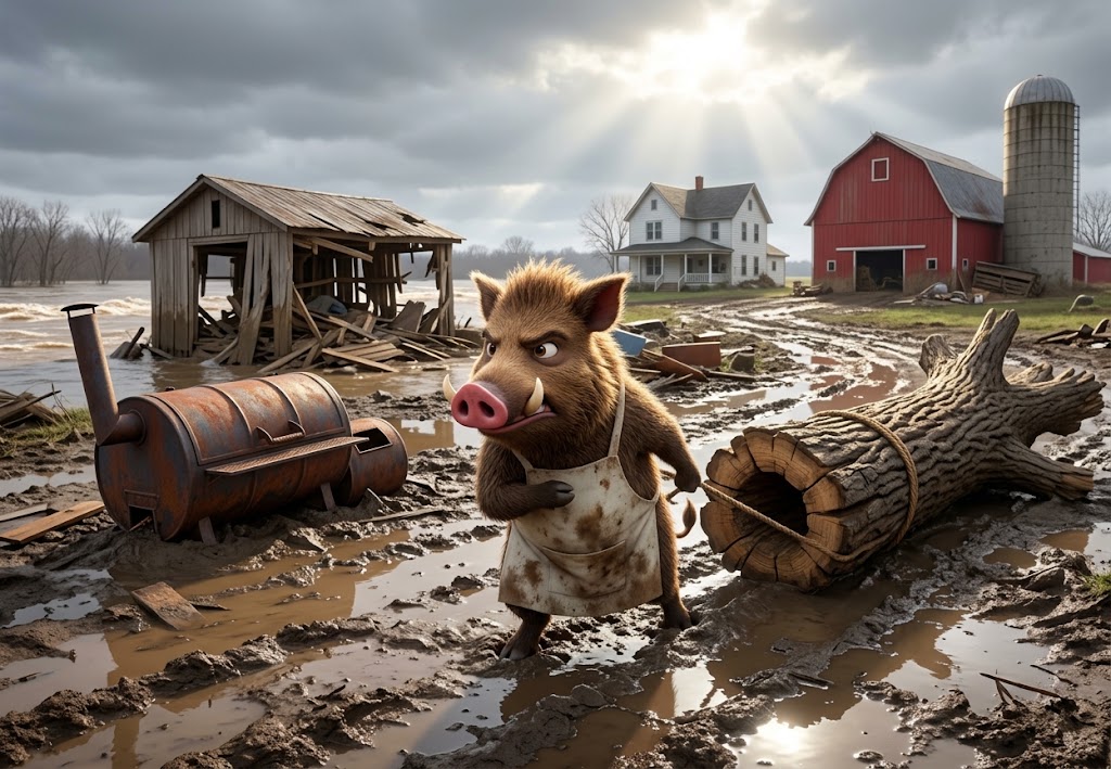 Bobi hauling an oak log through the mud after the flood