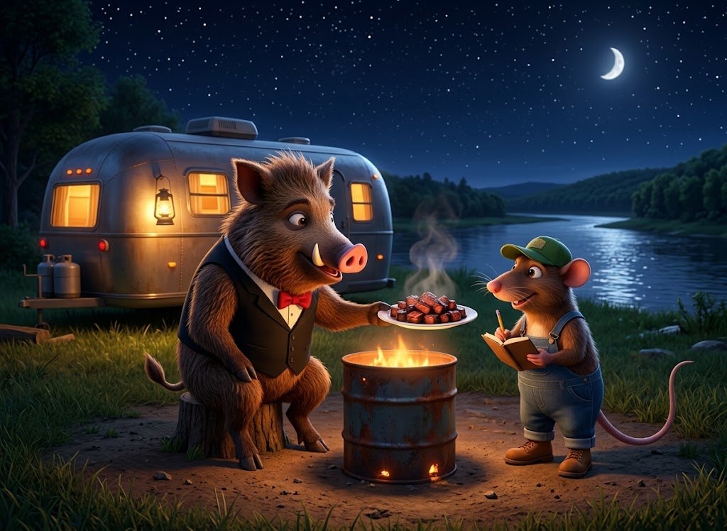 Bobi and the Riverside Rat by the fire at night, the camper behind them